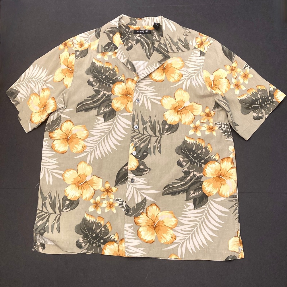Brandini 100% Silk Hawaiian Shirt Men's Medium Green Yellow Hibiscus Palm Casual